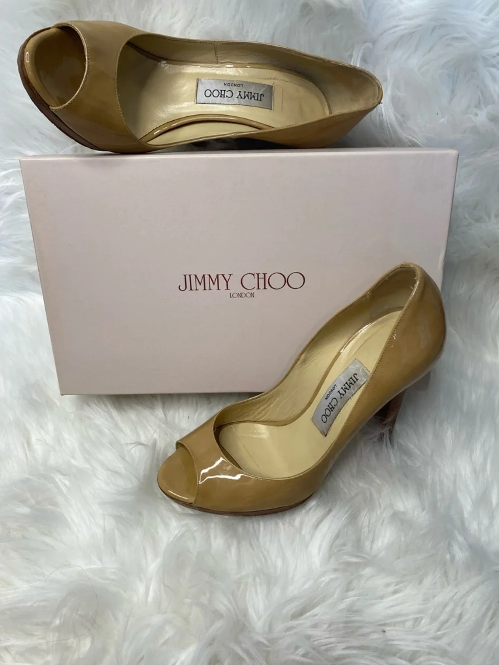 Jimmy Choo Nude Patent Leather Peep-Toe Pumps with Wooden Heels. Authentic - Picture 3 of 17